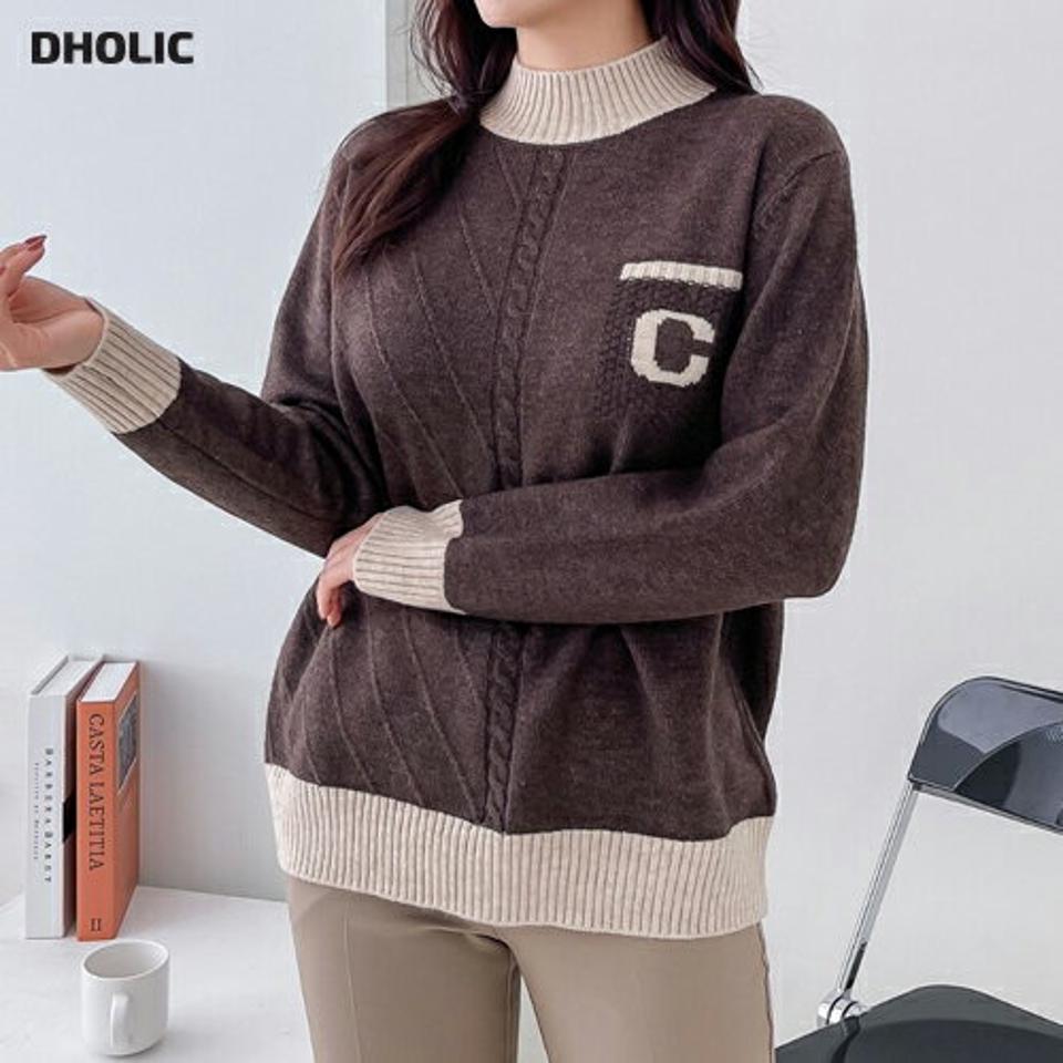 ウール混Cロゴ配色ニット・p000478 レディース 【tops】トップス ニット 長袖 ウール ロゴ イニシャル 配色 バイカラー 大人 カジュアル ケーブル編み メランジ 秋 冬 韓国ファッション MKT