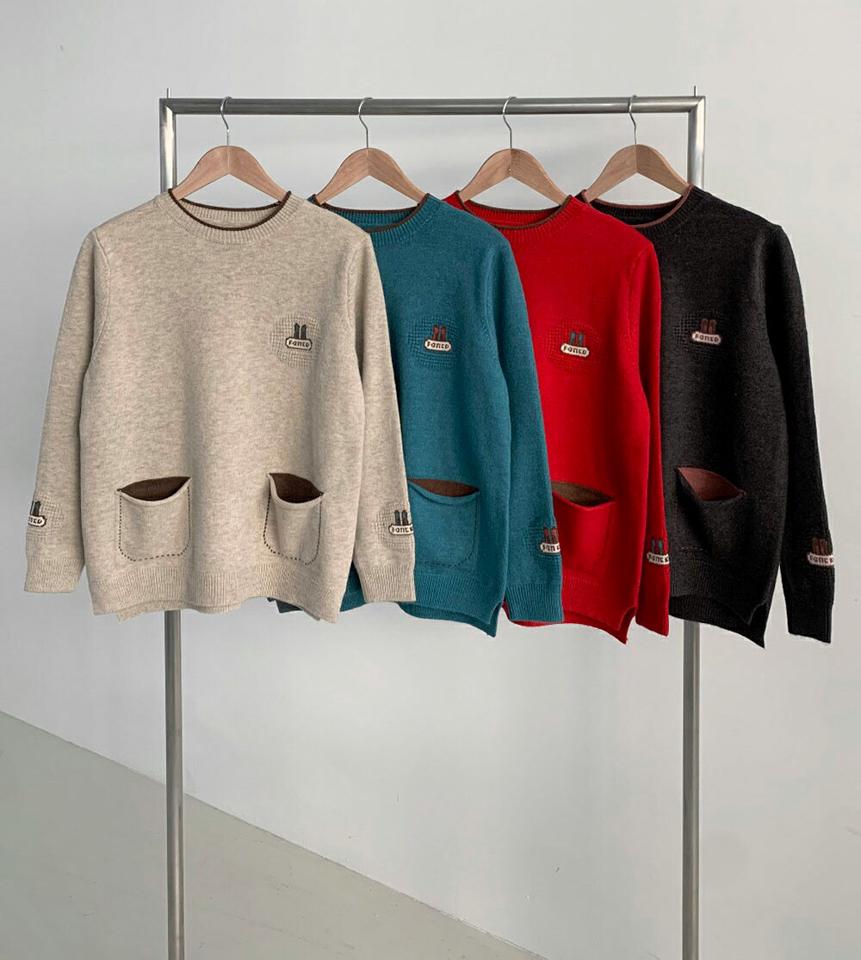 ウール混FANCO配色ニット・p000474 レディース 【tops】トップス ニット 長袖 ロゴ ステッチ ウール 配色 ラウンドネック カジュアル ラフ メランジ ポップ 秋 冬 韓国ファッション MKT