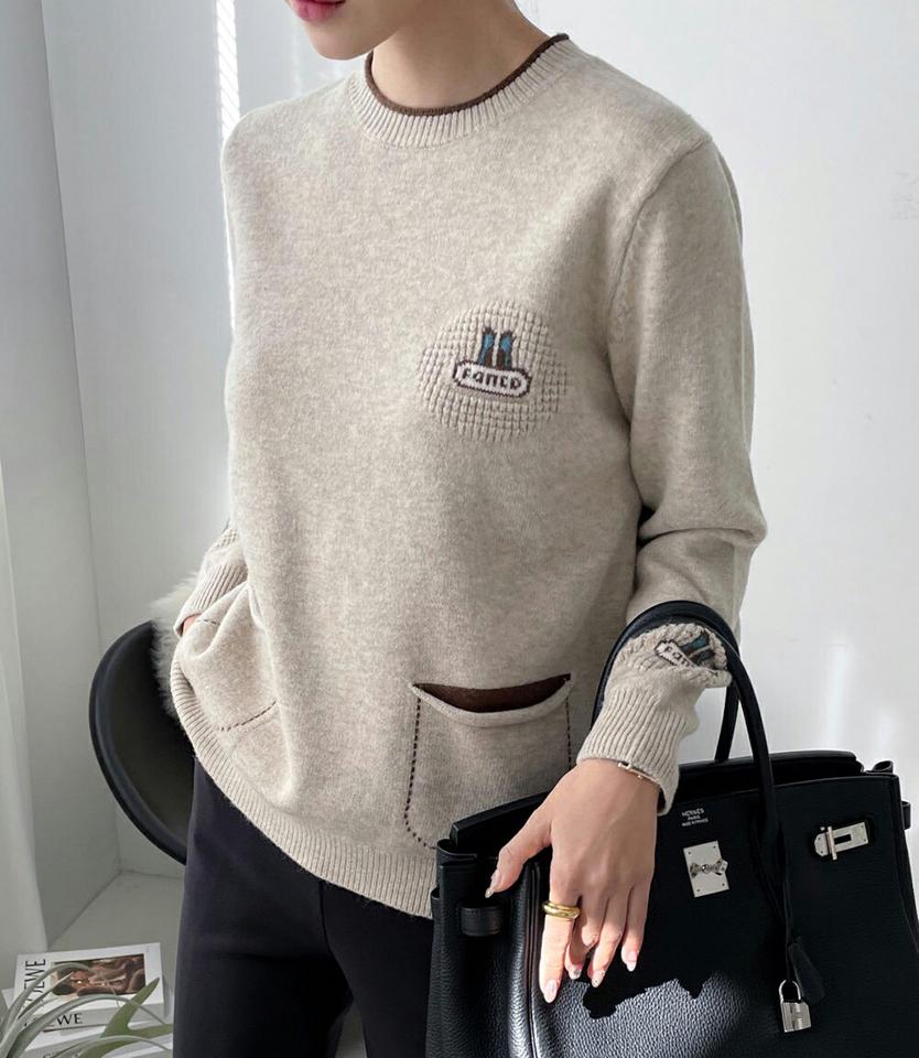 ウール混FANCO配色ニット・p000474 レディース 【tops】トップス ニット 長袖 ロゴ ステッチ ウール 配色 ラウンドネック カジュアル ラフ メランジ ポップ 秋 冬 韓国ファッション MKT