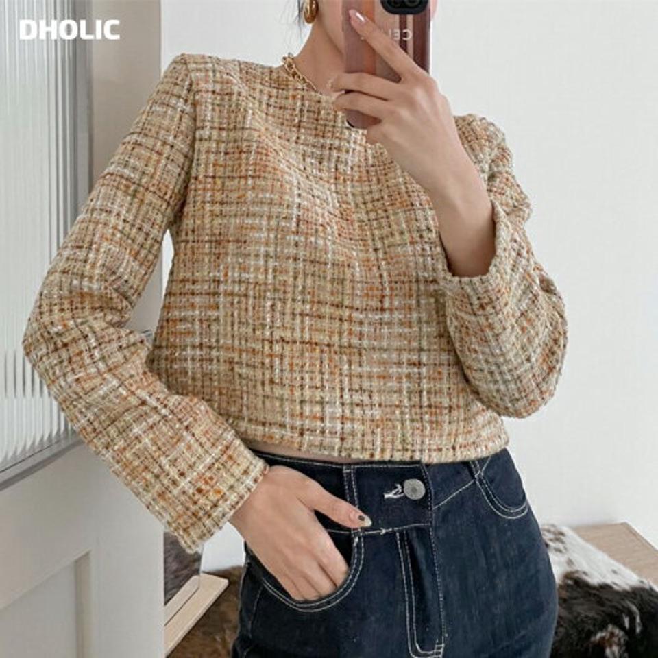 ウール混ツイードブラウス・p000541 レディース 【bl】トップス ブラウス 長袖 ツイード ウール ラウンドネック チェック柄 かわいい 大人 きれいめ 上品 高級感 きれいめ クロップド丈 ショート丈 黄色 イエロー 秋 冬 韓国ファッション MKT