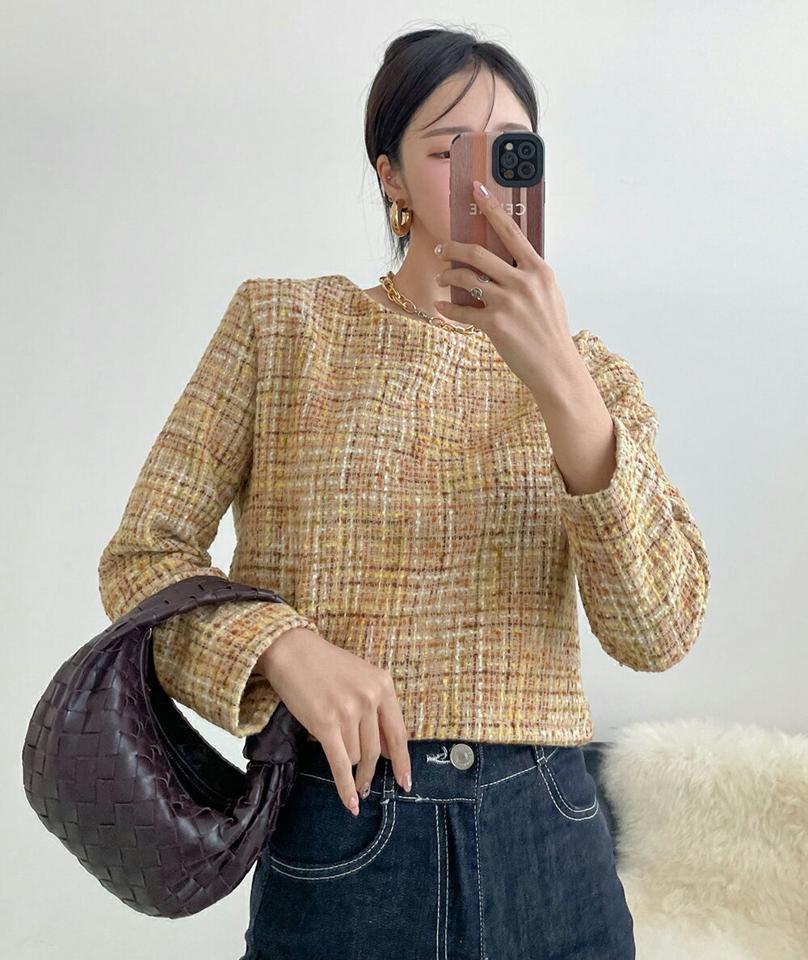 ウール混ツイードブラウス・p000541 レディース 【bl】トップス ブラウス 長袖 ツイード ウール ラウンドネック チェック柄 かわいい 大人 きれいめ 上品 高級感 きれいめ クロップド丈 ショート丈 黄色 イエロー 秋 冬 韓国ファッション MKT