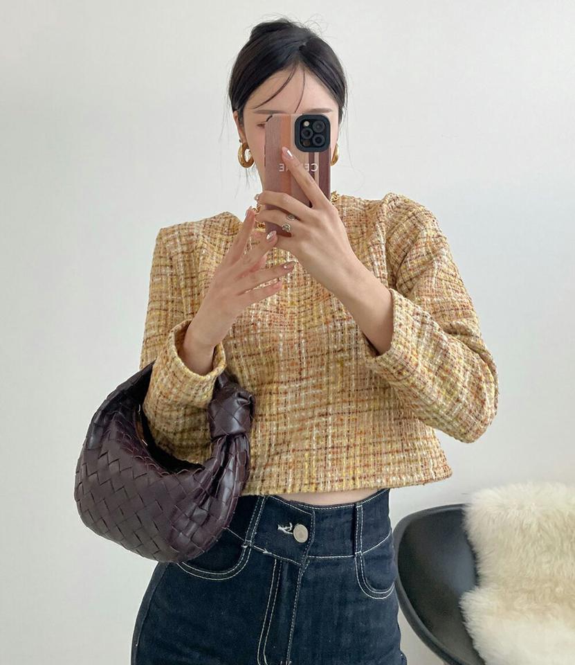 ウール混ツイードブラウス・p000541 レディース 【bl】トップス ブラウス 長袖 ツイード ウール ラウンドネック チェック柄 かわいい 大人 きれいめ 上品 高級感 きれいめ クロップド丈 ショート丈 黄色 イエロー 秋 冬 韓国ファッション MKT