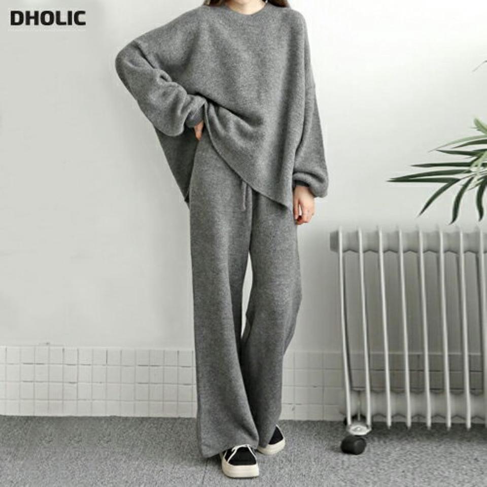 ウール混アンバランスニット&パンツSET・p000502 レディース 【pt】セットアップ setup トップス ニット 長袖 ラウンドネック アンバランス ウール パンツ ズボン ロング 単色 無地 シンプル メランジ 秋 冬 韓国ファッション MKT