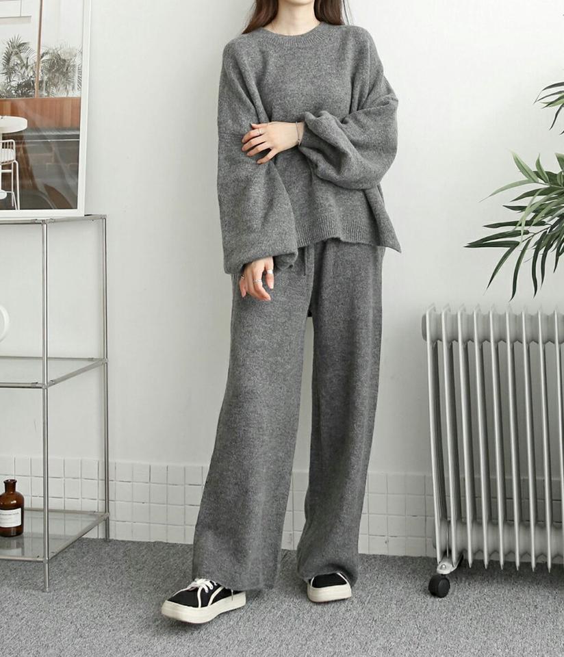 ウール混アンバランスニット&パンツSET・p000502 レディース 【pt】セットアップ setup トップス ニット 長袖 ラウンドネック アンバランス ウール パンツ ズボン ロング 単色 無地 シンプル メランジ 秋 冬 韓国ファッション MKT