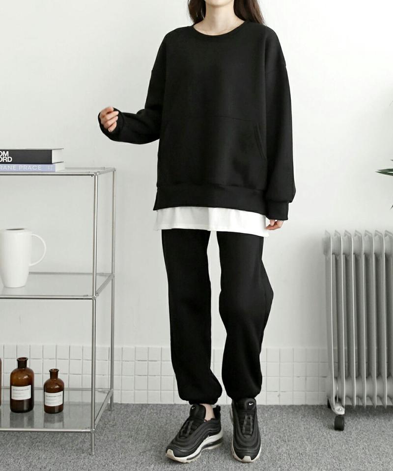 裏起毛レイヤードスウェット&ジョガーパンツSET・p000626 レディース 【pt】セットアップ setup トップス パーカー スウェット 長袖 裏起毛 パンツ ズボン ロング丈 ジョガーパンツ 単色 無地 シンプル ラフ カジュアル 冬 韓国ファッション MKT