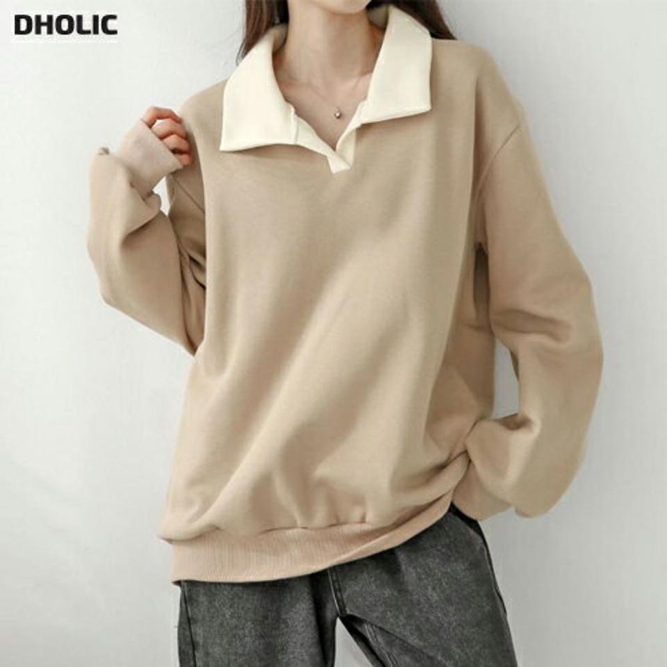 裏起毛スキッパー配色スウェット・p000632 レディース 【tops】トップス スウェット トレーナー 長袖 配色 ポロ襟 スキッパー 開襟 裏起毛 シンプル カジュアル ラフ 大人 ゆったり 冬 韓国ファッション MKT