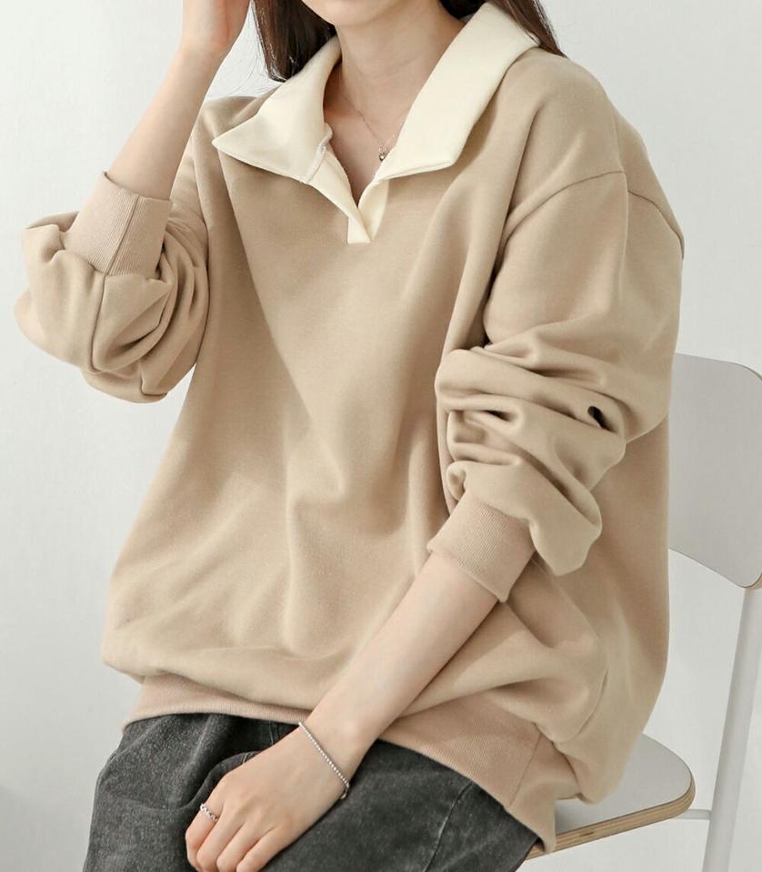 裏起毛スキッパー配色スウェット・p000632 レディース 【tops】トップス スウェット トレーナー 長袖 配色 ポロ襟 スキッパー 開襟 裏起毛 シンプル カジュアル ラフ 大人 ゆったり 冬 韓国ファッション MKT