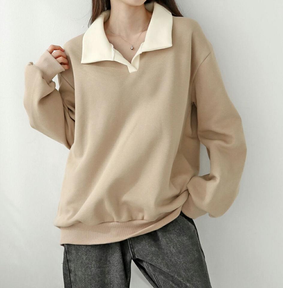 裏起毛スキッパー配色スウェット・p000632 レディース 【tops】トップス スウェット トレーナー 長袖 配色 ポロ襟 スキッパー 開襟 裏起毛 シンプル カジュアル ラフ 大人 ゆったり 冬 韓国ファッション MKT