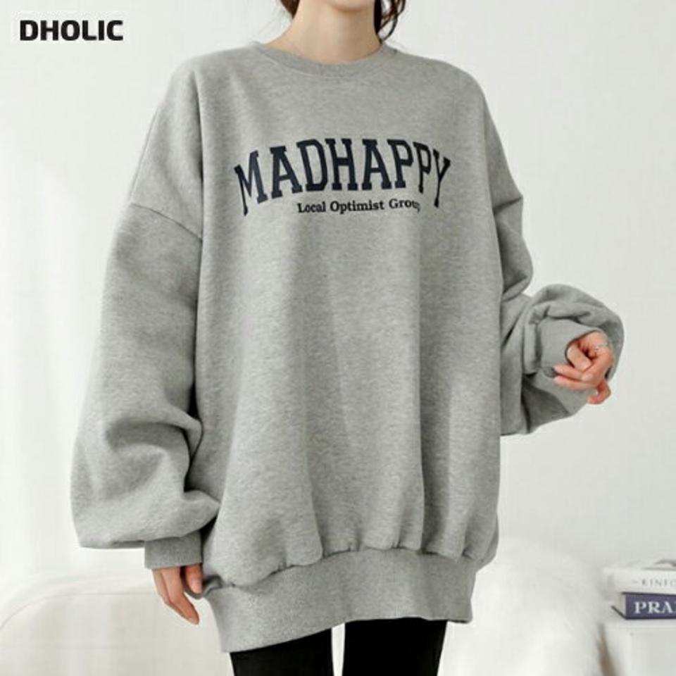 裏起毛MADHAPPYスウェット・p000617 レディース 【tops】トップス スウェット トレーナー 長袖 ロゴ レタリング 裏起毛 ラウンドネック ゆったり 体型カバー カジュアル ラフ 大人 冬 韓国ファッション MKT