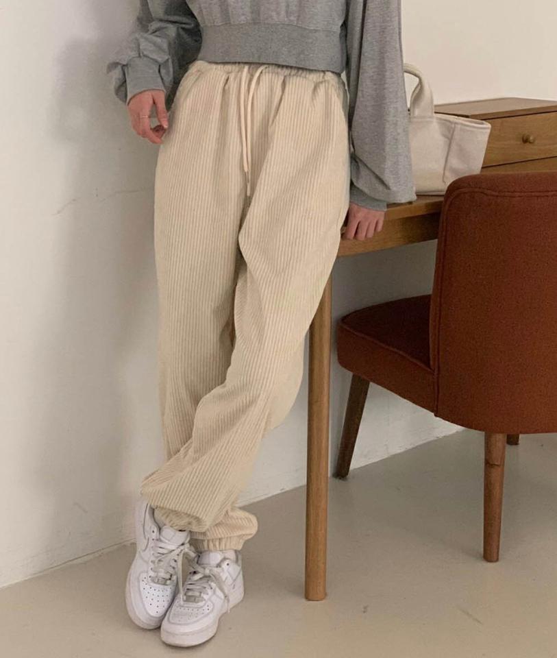 コーデュロイジョガーパンツ・p000606 レディース 【pt】パンツ ズボン ロング ウエストゴム ジョガーパンツ リブ 楽ちん ラフ 単色 無地 シンプル カジュアル 大人 体型カバー 秋 冬 韓国ファッション MKT