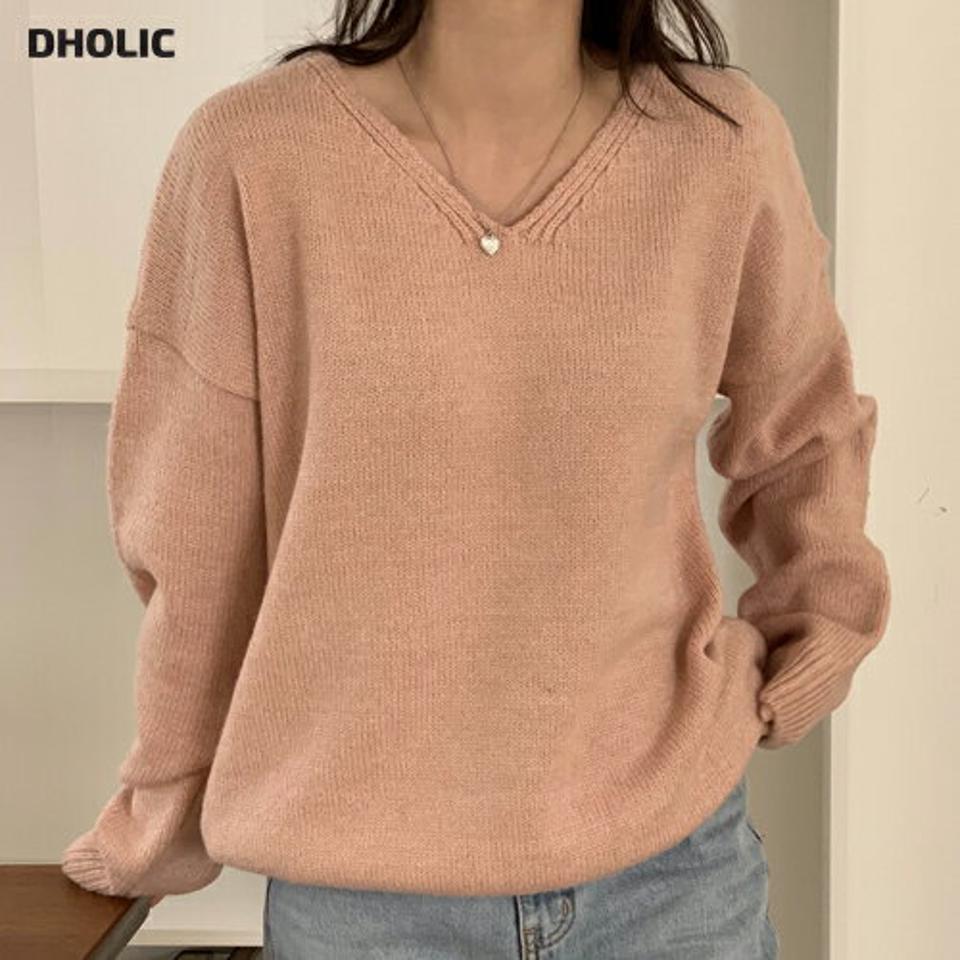 ドロップショルダーVネックニット・p000597 レディース 【tops】トップス ニット 長袖 Vネック カラーニット 単色 無地 シンプル ベーシック ラフ 楽ちん カジュアル ピンク 秋 冬 韓国ファッション MKT