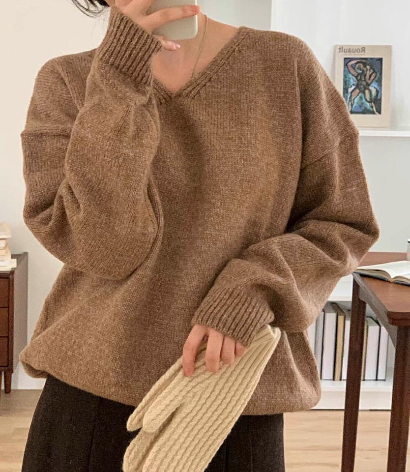 ドロップショルダーVネックニット・p000597 レディース 【tops】トップス ニット 長袖 Vネック カラーニット 単色 無地 シンプル ベーシック ラフ 楽ちん カジュアル ピンク 秋 冬 韓国ファッション MKT