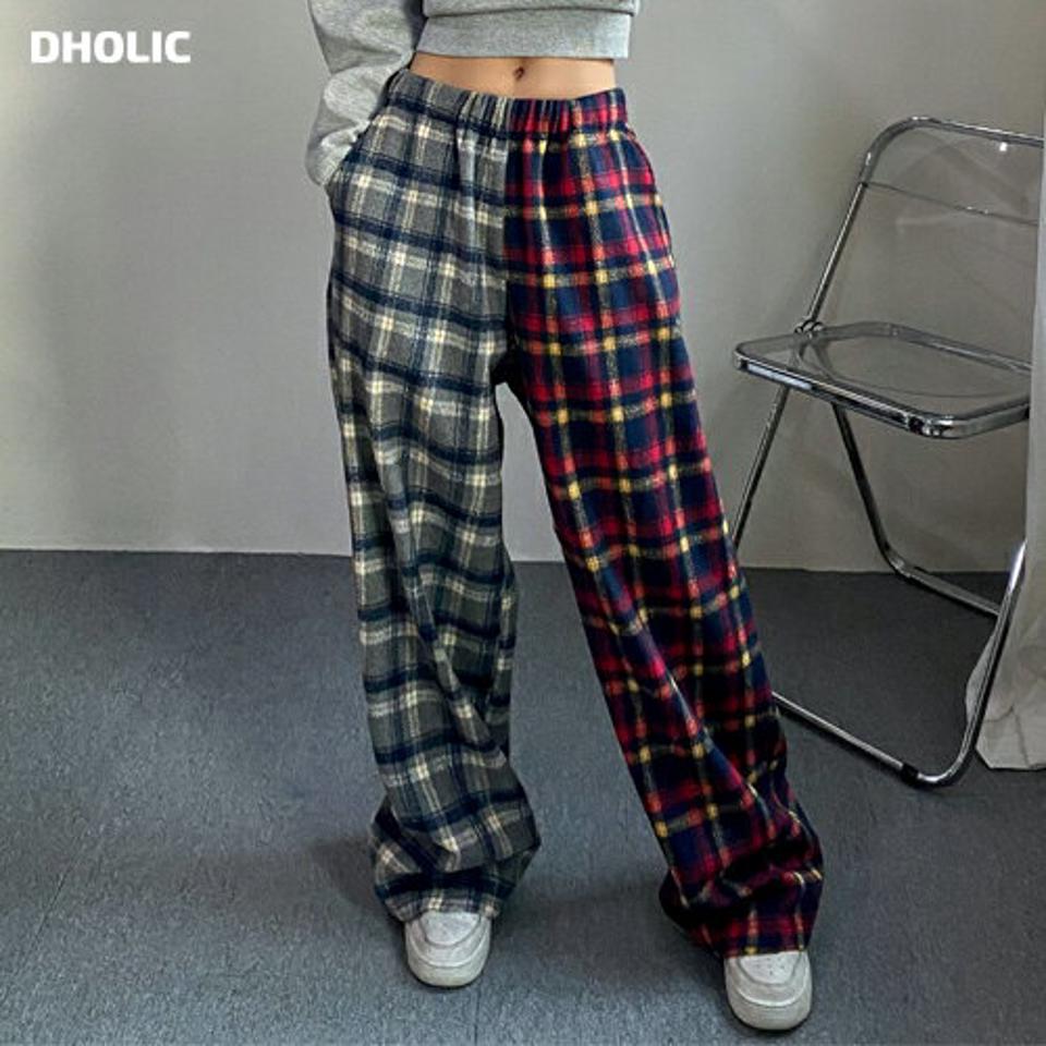 起毛チェックコットンワイドパンツ・p000599 レディース 【pt】パンツ ズボン ロング丈 チェック柄 コントラスト ウエストゴム 楽ちん ラフ 体型カバー ワイド ストリート 大人 秋 冬 韓国ファッション MKT