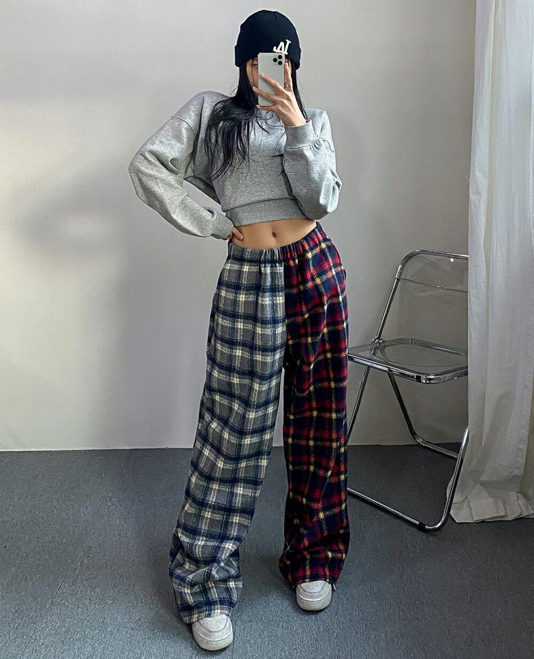 起毛チェックコットンワイドパンツ・p000599 レディース 【pt】パンツ ズボン ロング丈 チェック柄 コントラスト ウエストゴム 楽ちん ラフ 体型カバー ワイド ストリート 大人 秋 冬 韓国ファッション MKT
