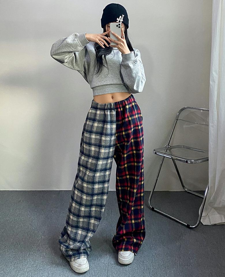 起毛チェックコットンワイドパンツ・p000599 レディース 【pt】パンツ ズボン ロング丈 チェック柄 コントラスト ウエストゴム 楽ちん ラフ 体型カバー ワイド ストリート 大人 秋 冬 韓国ファッション MKT