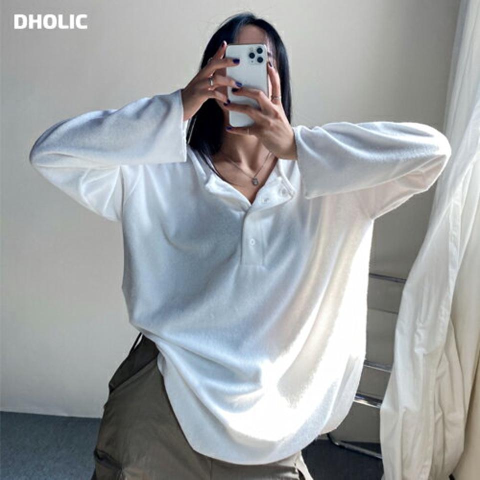 起毛ヘンリーネック長袖Tシャツ・p000593 レディース 【tops】トップス Tシャツ 長袖 ロンT ヘンリーネック 単色 無地 シンプル ベーシック ラフ カジュアル ゆったり オーバーサイズ 体型カバー 秋 冬 韓国ファッション MKT