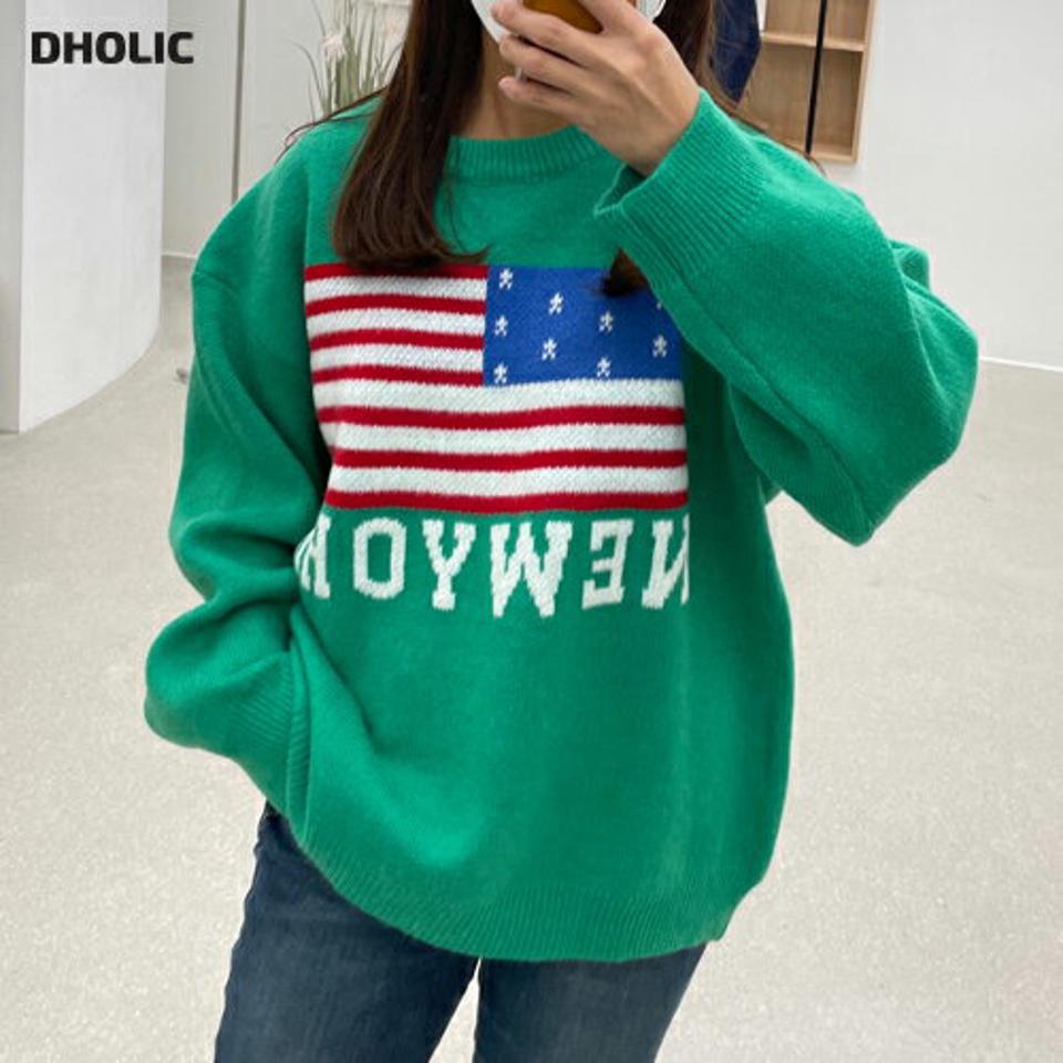 NEWYORKニット・p000526 レディース 【tops】トップス ニット 長袖 アメリカ 国旗 ラウンドネック カラーニット カジュアル ラフ 大人 緑 グリーン 大人 秋 冬 韓国ファッション MKT
