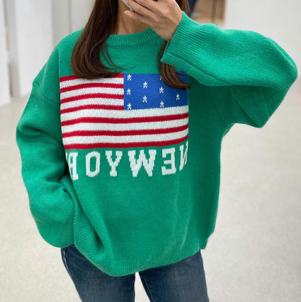 NEWYORKニット・p000526 レディース 【tops】トップス ニット 長袖 アメリカ 国旗 ラウンドネック カラーニット カジュアル ラフ 大人 緑 グリーン 大人 秋 冬 韓国ファッション MKT
