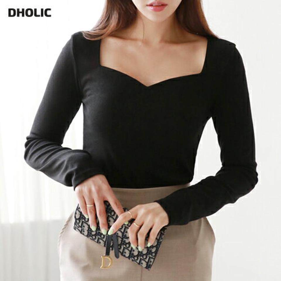 ハートネック長袖Tシャツ・p000538 レディース 【tops】トップス Tシャツ 長袖 ハートネック デコルテ 単色 無地 シンプル 大人 フェミニン きれいめ スリム 秋 冬 韓国ファッション MKT