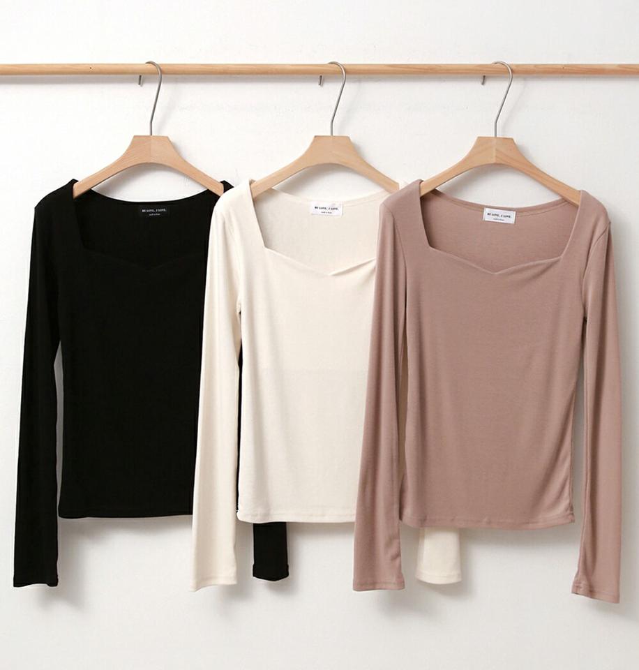 ハートネック長袖Tシャツ・p000538 レディース 【tops】トップス Tシャツ 長袖 ハートネック デコルテ 単色 無地 シンプル 大人 フェミニン きれいめ スリム 秋 冬 韓国ファッション MKT