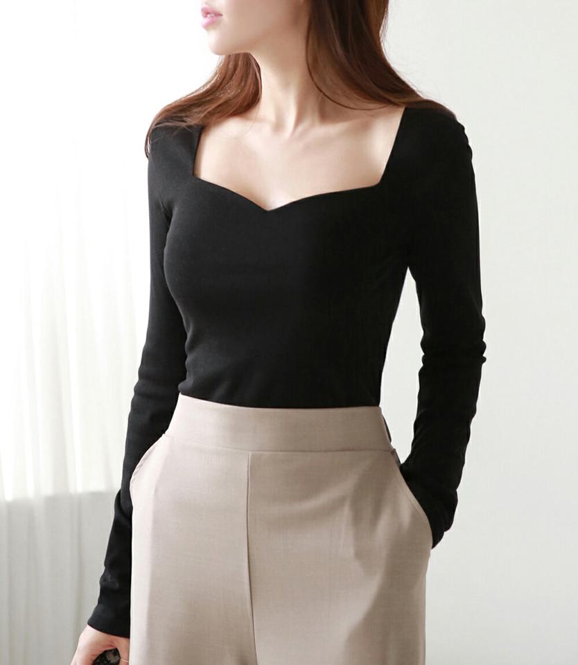 ハートネック長袖Tシャツ・p000538 レディース 【tops】トップス Tシャツ 長袖 ハートネック デコルテ 単色 無地 シンプル 大人 フェミニン きれいめ スリム 秋 冬 韓国ファッション MKT