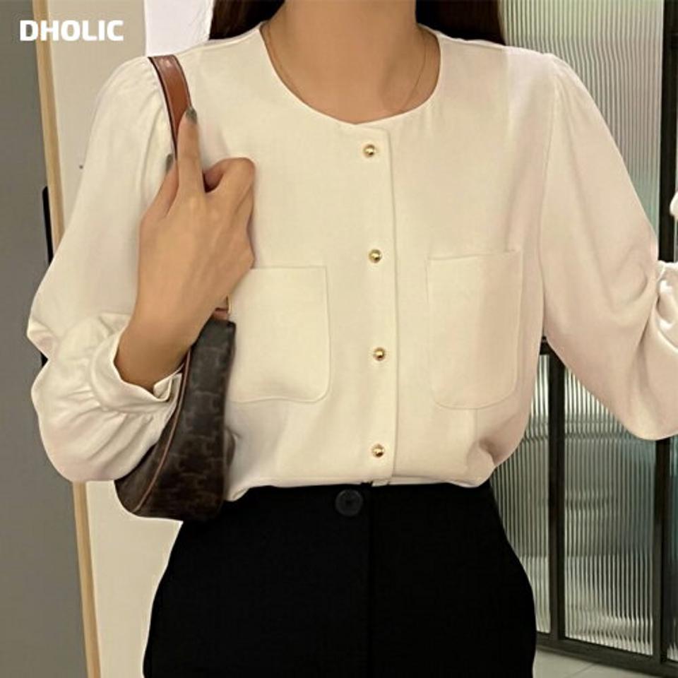 ゴールドボタンラウンドネックブラウス・p000544 レディース 【bl】トップス ブラウス 長袖 ラウンドネック ゴールドボタン 単色 無地 シンプル フェミニン 大人 きれいめ オフィス ポケット 秋 冬 韓国ファッション MKT