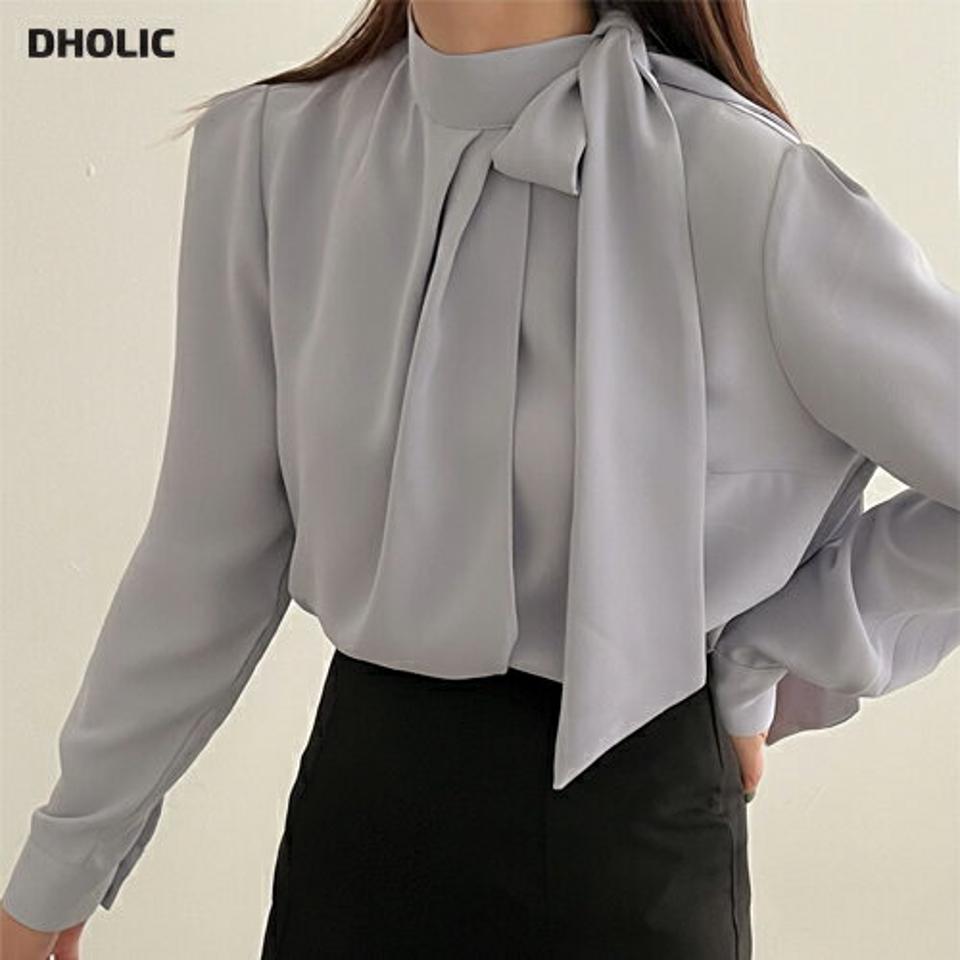 リボンネックタックブラウス・p000551 レディース 【bl】トップス ブラウス 長袖 りぼん タック ハーフネック ボウタイ ハイネック 単色 無地 シンプル フェミニン オケージョン オフィス 大人 きれいめ 秋 冬 韓国ファッション MKT