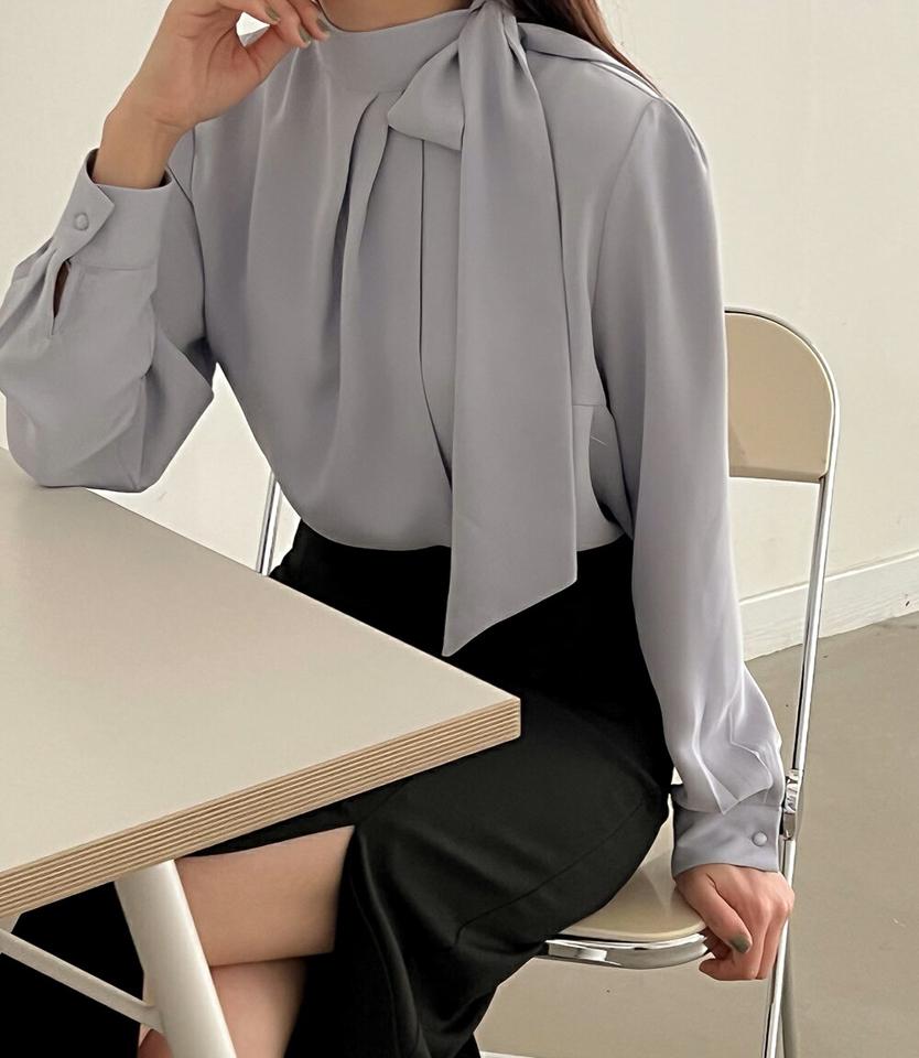 リボンネックタックブラウス・p000551 レディース 【bl】トップス ブラウス 長袖 りぼん タック ハーフネック ボウタイ ハイネック 単色 無地 シンプル フェミニン オケージョン オフィス 大人 きれいめ 秋 冬 韓国ファッション MKT