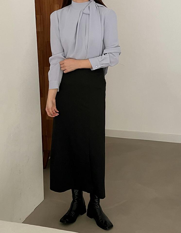 リボンネックタックブラウス・p000551 レディース 【bl】トップス ブラウス 長袖 りぼん タック ハーフネック ボウタイ ハイネック 単色 無地 シンプル フェミニン オケージョン オフィス 大人 きれいめ 秋 冬 韓国ファッション MKT