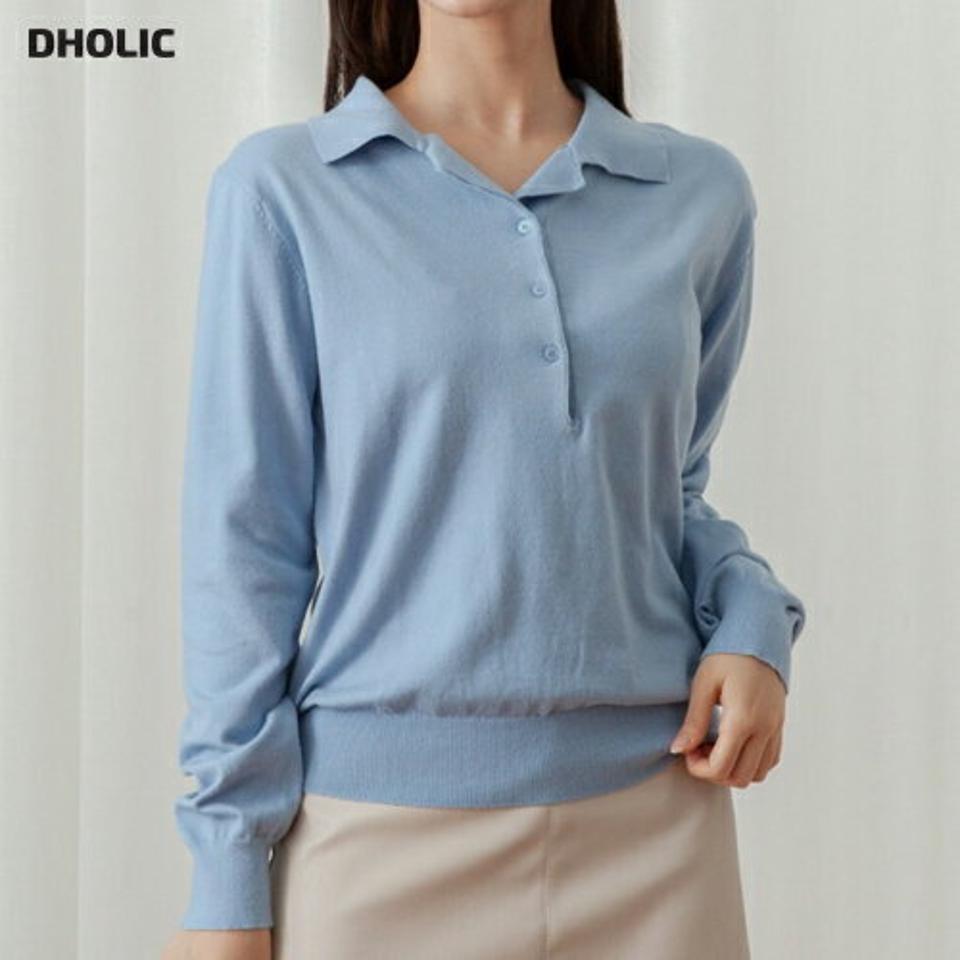 【マケット特価】モダール混ポロカラーニット・p000546 レディース 【tops】トップス ニット 長袖 ポロ襟 モダール 単色 無地 シンプル カラーニット 水色 ブルー カジュアル ラフ 秋 冬 韓国ファッション MKT セール