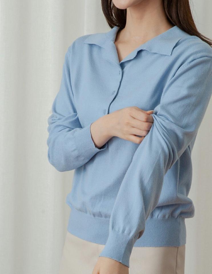 【マケット特価】モダール混ポロカラーニット・p000546 レディース 【tops】トップス ニット 長袖 ポロ襟 モダール 単色 無地 シンプル カラーニット 水色 ブルー カジュアル ラフ 秋 冬 韓国ファッション MKT セール