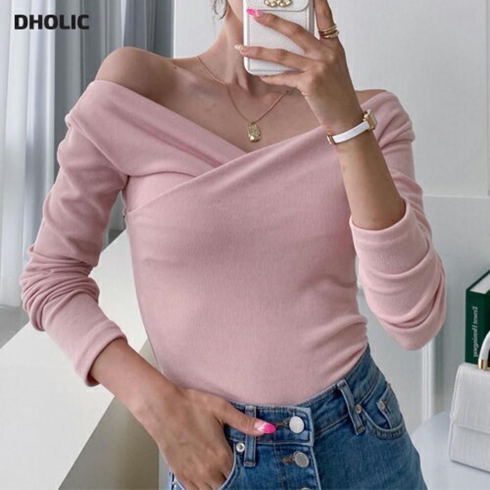 2WAYクロス長袖Tシャツ・p000567 レディース 【tops】トップス Tシャツ 長袖 クロス デコルテ オフショルダー 肌見せ セクシー 露出 大人 肩見せ ピンク かわいい 秋 冬 韓国ファッション MKT