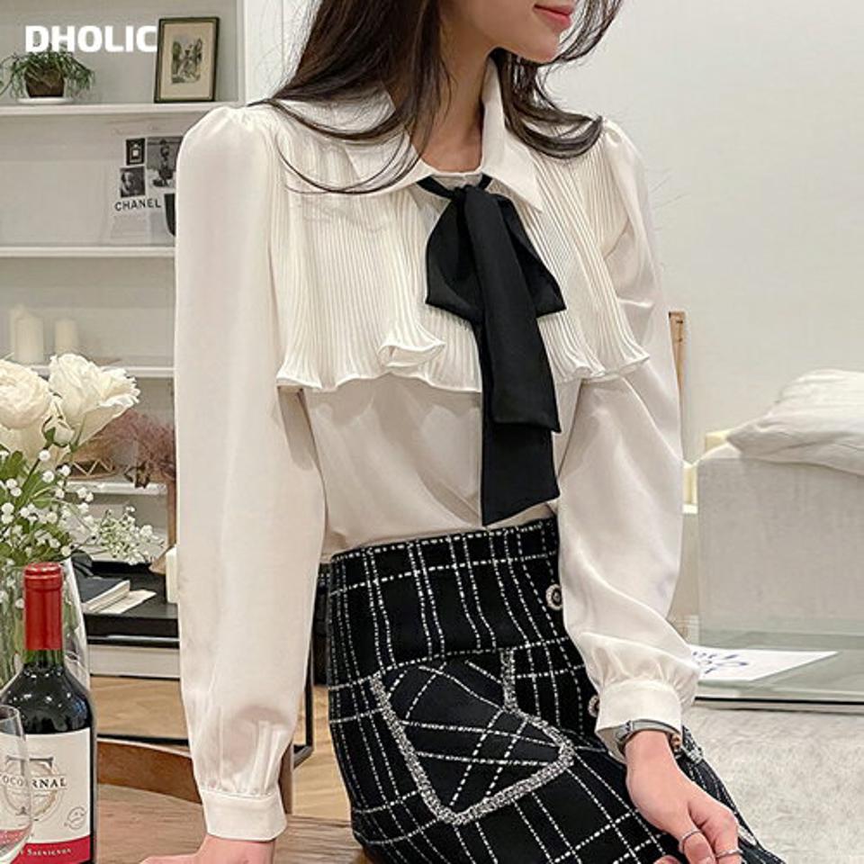 スカーフ付プリーツカラーブラウス・t00357 レディース 【bl】トップス ブラウス 長袖 プリーツ スカーフ ガーリー フェミニン かわいい 可愛い 大人 襟コン 上品 オフィス 秋 冬 韓国ファッション