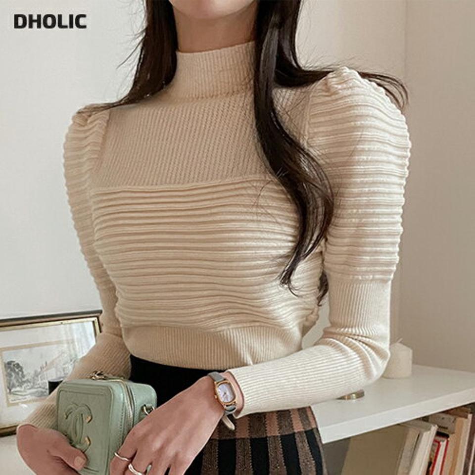 リブパフスリーブニット・t00359 レディース 【tops】トップス ニット 長袖 パフスリーブ リブ ハーフネック シンプル かわいい 可愛い 単色 無地 袖コン スリム 秋 冬 韓国ファッション