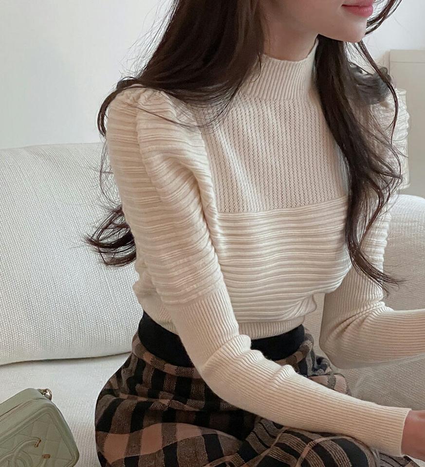 リブパフスリーブニット・t00359 レディース 【tops】トップス ニット 長袖 パフスリーブ リブ ハーフネック シンプル かわいい 可愛い 単色 無地 袖コン スリム 秋 冬 韓国ファッション