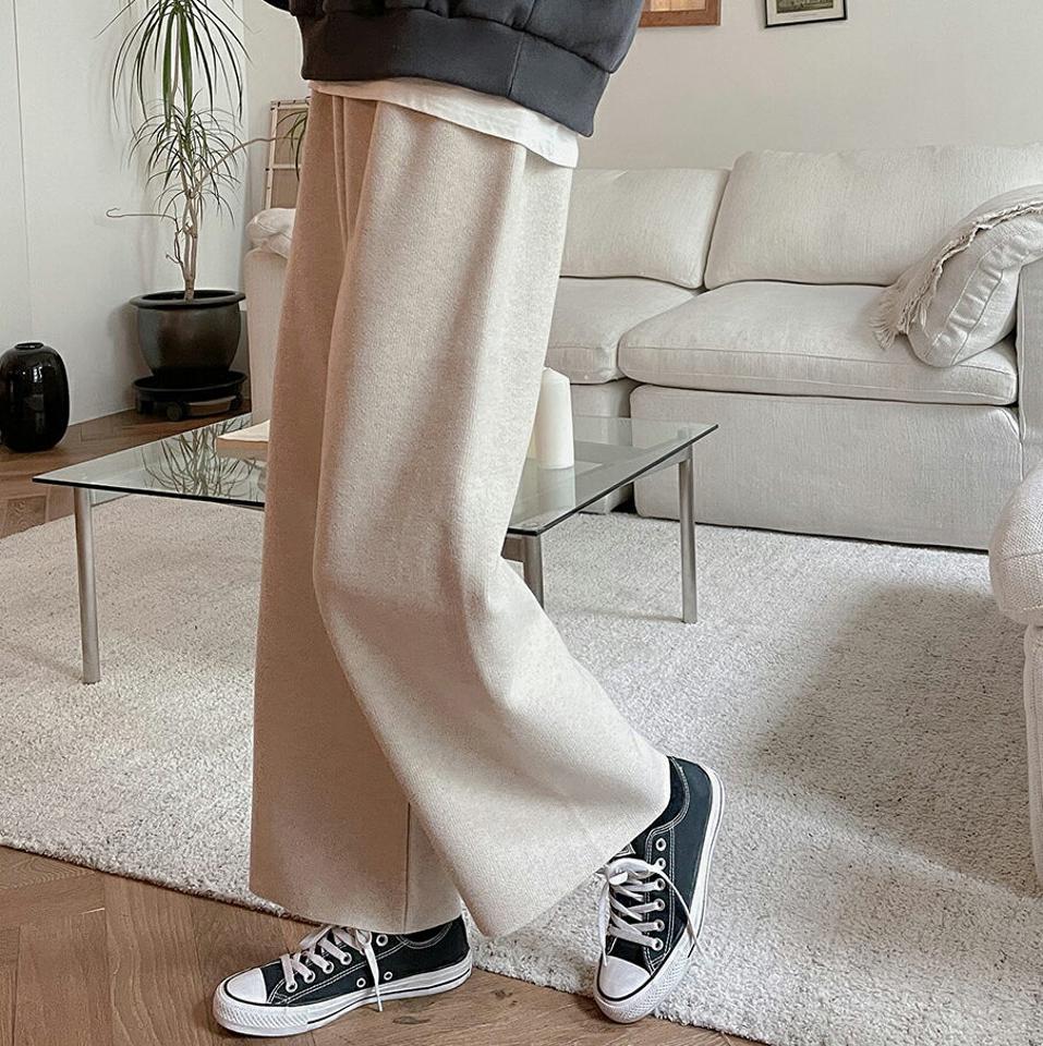 ウエストゴムワイドパンツ・t00365 レディース 【pt】パンツ ズボン ロング ワイド ウエストゴム 単色 無地 シンプル ベーシック ラフ カジュアル ハイウエスト フルレングス メランジ ストレート 秋 冬 韓国ファッション