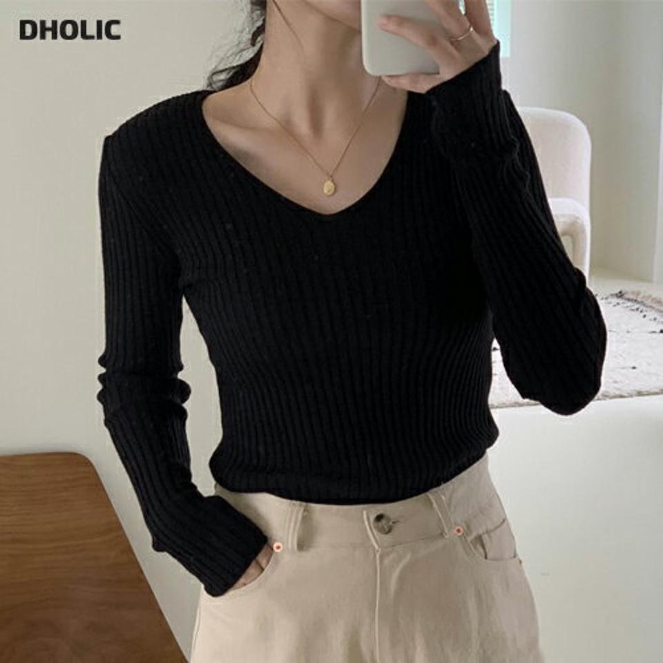 Vネックスリムリブニット・p000768 レディース 【tops】トップス ニット 長袖 リブ スリム Vネック 単色 無地 シンプル カジュアル ラフ 大人 きれいめ 秋 冬 韓国ファッション MKT