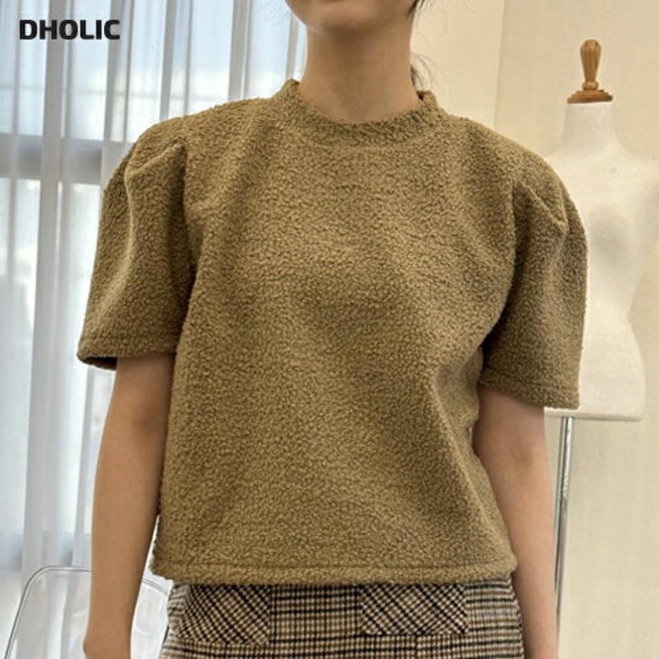 ウール混ブークレパフ半袖Tシャツ・p000761 レディース 【tops】トップス Tシャツ 半袖 ハーフスリーブ ブークレ パフスリーブ ラウンドネック 単色 無地 シンプル もこもこ かわいい 可愛い 秋 春 冬 韓国ファッション MKT