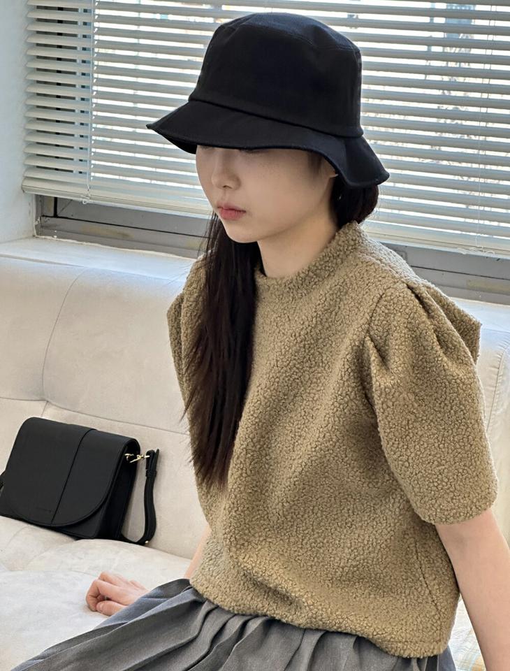 ウール混ブークレパフ半袖Tシャツ・p000761 レディース 【tops】トップス Tシャツ 半袖 ハーフスリーブ ブークレ パフスリーブ ラウンドネック 単色 無地 シンプル もこもこ かわいい 可愛い 秋 春 冬 韓国ファッション MKT