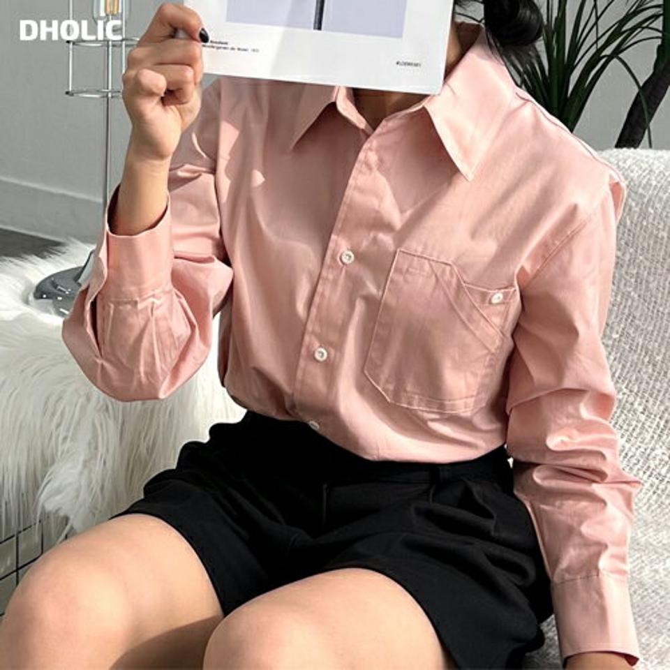 フロントボタンポケットシャツ・p000751 レディース 【bl】トップス シャツ 長袖 襟 単色 無地 シンプル ベーシック 大人 きれいめ オフィス オケージョン カラーシャツ コットン 綿 春 秋 冬 韓国ファッション MKT