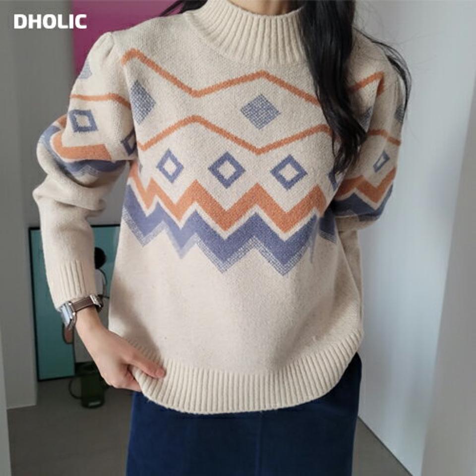 ノルディックハーフネックニット・p000727 レディース 【tops】トップス ニット 長袖 ハーフネック ノルディック柄 総柄 カジュアル ラフ 大人 柄ニット 秋 冬 韓国ファッション MKT