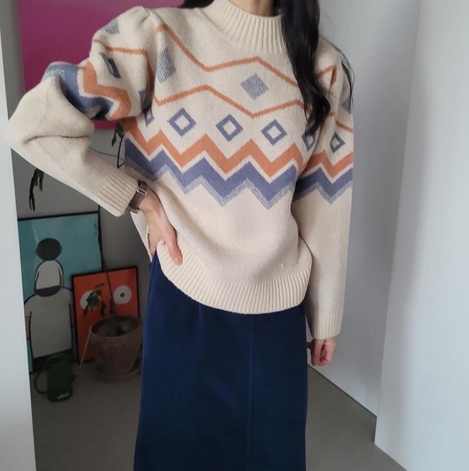 ノルディックハーフネックニット・p000727 レディース 【tops】トップス ニット 長袖 ハーフネック ノルディック柄 総柄 カジュアル ラフ 大人 柄ニット 秋 冬 韓国ファッション MKT