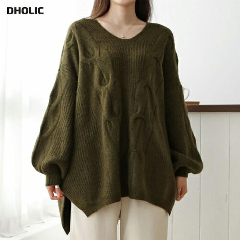 ウール混Vネックケーブルニット・p000637 レディース 【tops】トップス ニット 長袖 Vネック ケーブル編み ウール シンプル ゆったり 体型カバー オーバーサイズ カジュアル ラフ カーキ 緑 グリーン 秋 冬 韓国ファッション MKT