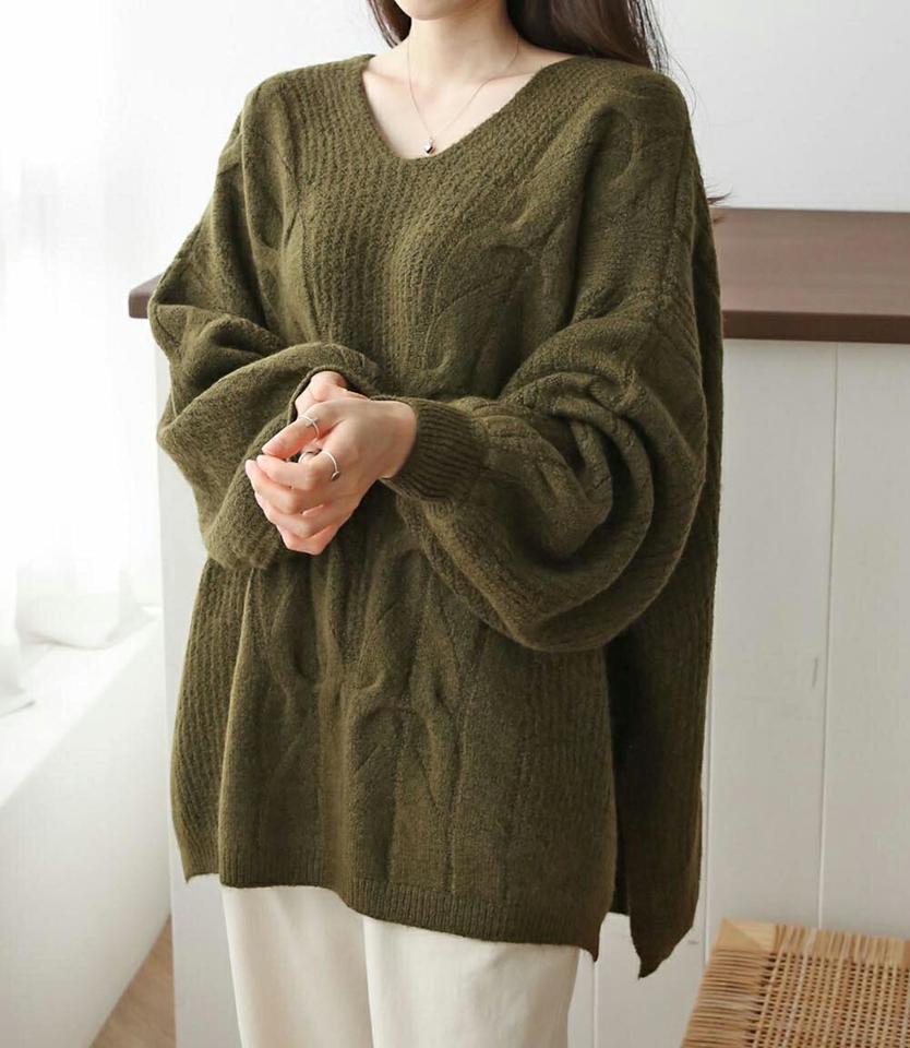 ウール混Vネックケーブルニット・p000637 レディース 【tops】トップス ニット 長袖 Vネック ケーブル編み ウール シンプル ゆったり 体型カバー オーバーサイズ カジュアル ラフ カーキ 緑 グリーン 秋 冬 韓国ファッション MKT
