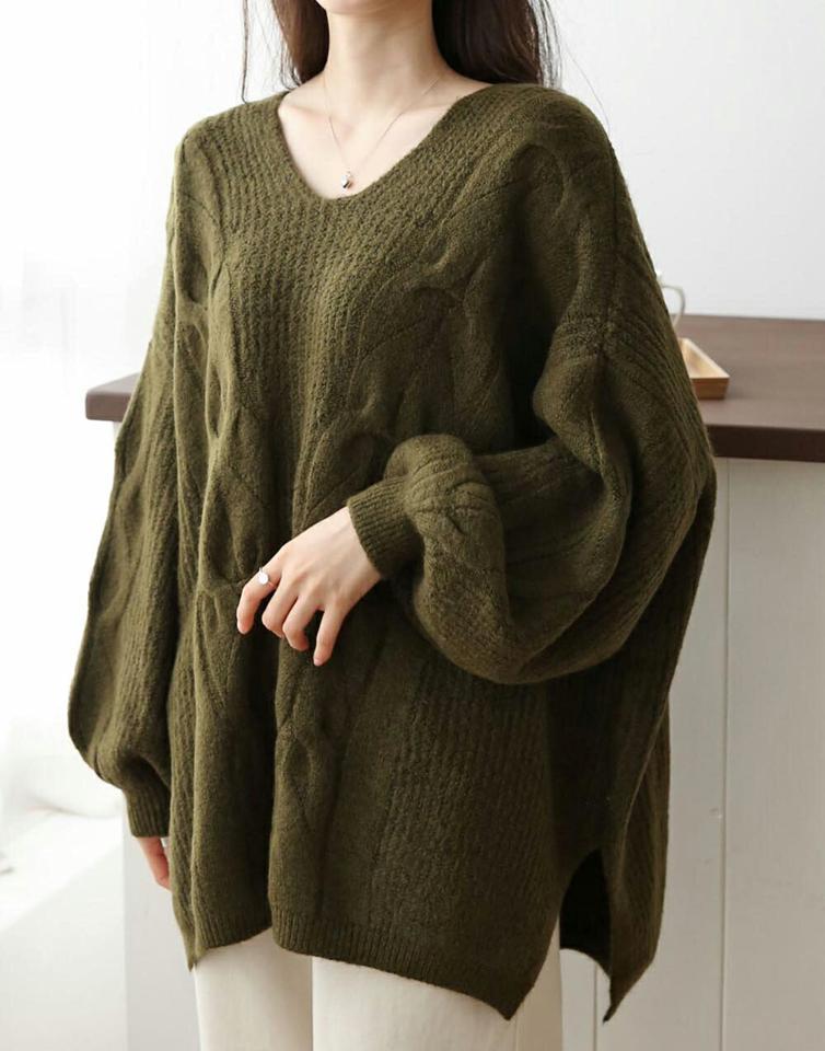 ウール混Vネックケーブルニット・p000637 レディース 【tops】トップス ニット 長袖 Vネック ケーブル編み ウール シンプル ゆったり 体型カバー オーバーサイズ カジュアル ラフ カーキ 緑 グリーン 秋 冬 韓国ファッション MKT