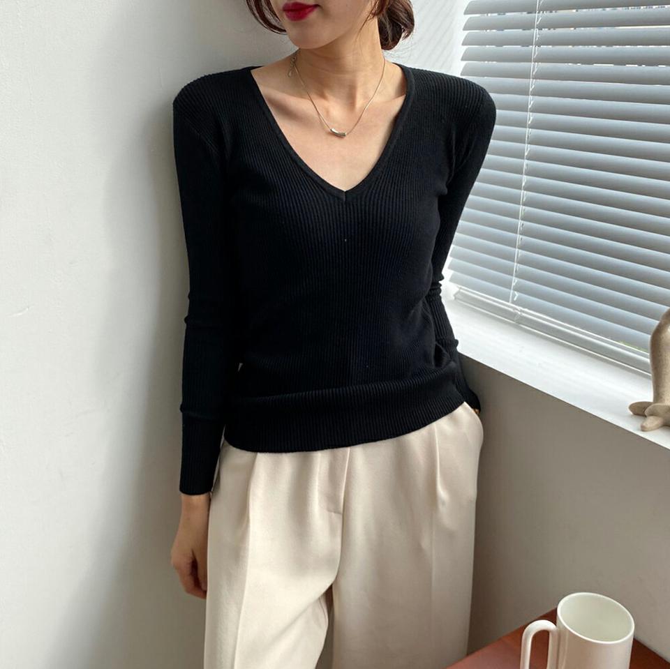 リブVネックスリム長袖Tシャツ・p000611 レディース 【tops】トップス Tシャツ 長袖 Vネック リブ スリム 単色 無地 シンプル ベーシック 大人 カジュアル ラフ スリム 秋 冬 韓国ファッション MKT