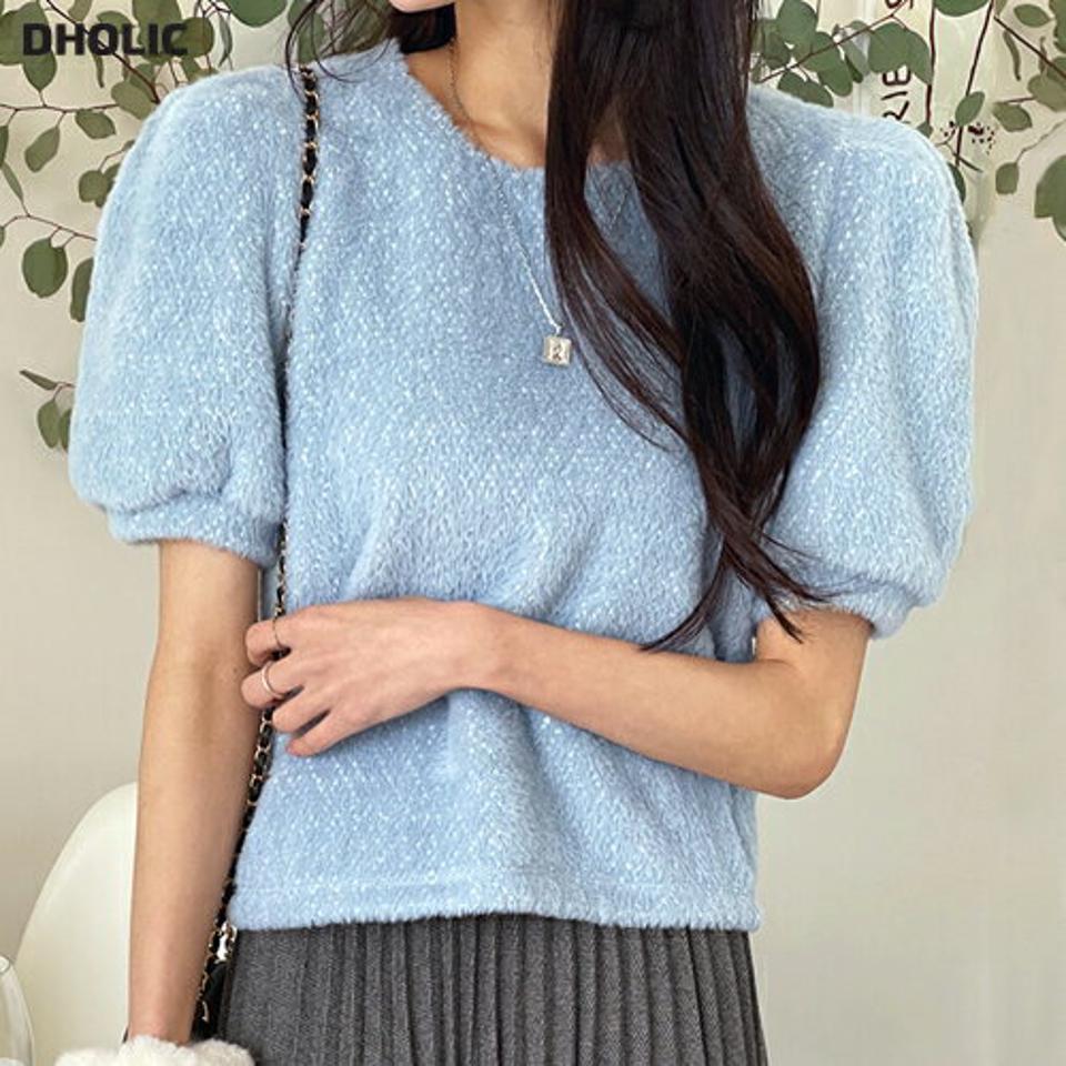 【10%OFF】ファータッチパフニット・b00385 レディース 【tops】トップス ニット 半袖 ハーフスリーブ パフスリーブ ラウンドネック ふわふわ ファータッチ カラーニット 水色 ブルー かわいい 可愛い 大人 秋 春 韓国ファッション KWセール
