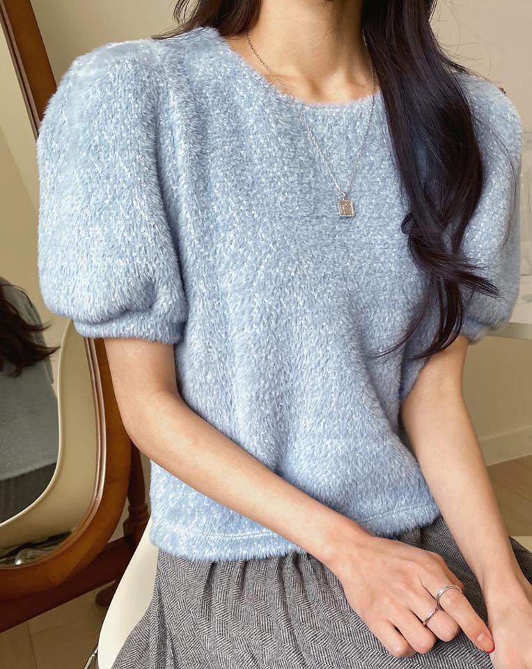 【10%OFF】ファータッチパフニット・b00385 レディース 【tops】トップス ニット 半袖 ハーフスリーブ パフスリーブ ラウンドネック ふわふわ ファータッチ カラーニット 水色 ブルー かわいい 可愛い 大人 秋 春 韓国ファッション KWセール