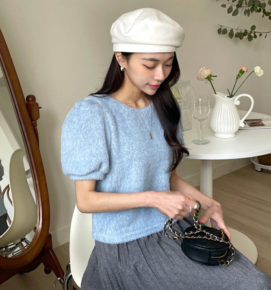 【10%OFF】ファータッチパフニット・b00385 レディース 【tops】トップス ニット 半袖 ハーフスリーブ パフスリーブ ラウンドネック ふわふわ ファータッチ カラーニット 水色 ブルー かわいい 可愛い 大人 秋 春 韓国ファッション KWセール