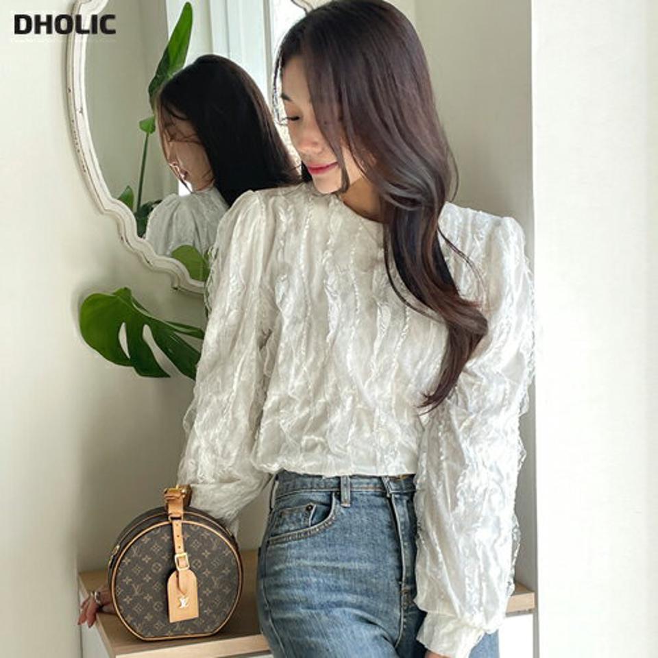 ウェーブレースベロアブラウス・b00388 レディース 【bl】トップス ブラウス 長袖 ベロア ウェーブ テクスチャ— 総レース ラウンドネック うねうね 大人 単色 可愛い 上品 きれいめ オフィス オケージョン パフスリーブ 秋 冬 韓国ファッション